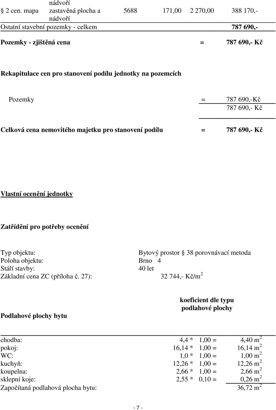 pozemcích Pozemky = 787 690,-Kč 787 690,- Kč Celková cena nemovitého majetku pro stanovení podílu = 787 690,- Kč Vlastní ocenění jednotky Zatřídění pro potřeby ocenění Typ objektu: Bytový prostor 38