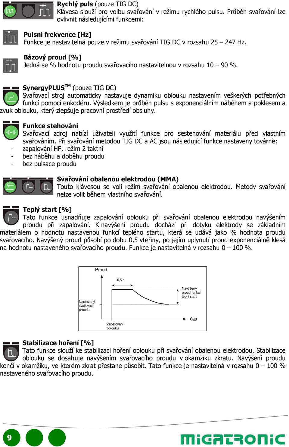 Bázový proud [%] Jedná se % hodnotu proudu svařovacího nastavitelnou v rozsahu 10 90 %.