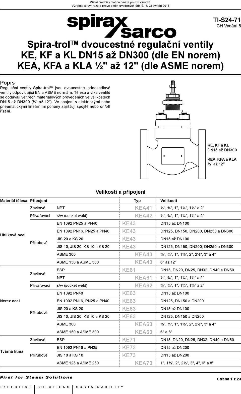 dvoucestné jednosedlové ventily odpovídající N a ASM normám. Tělesa a víka ventilů se dodávají ve třech materiálových provedeních ve velikostech DN15 až DN3 (½" až 12").
