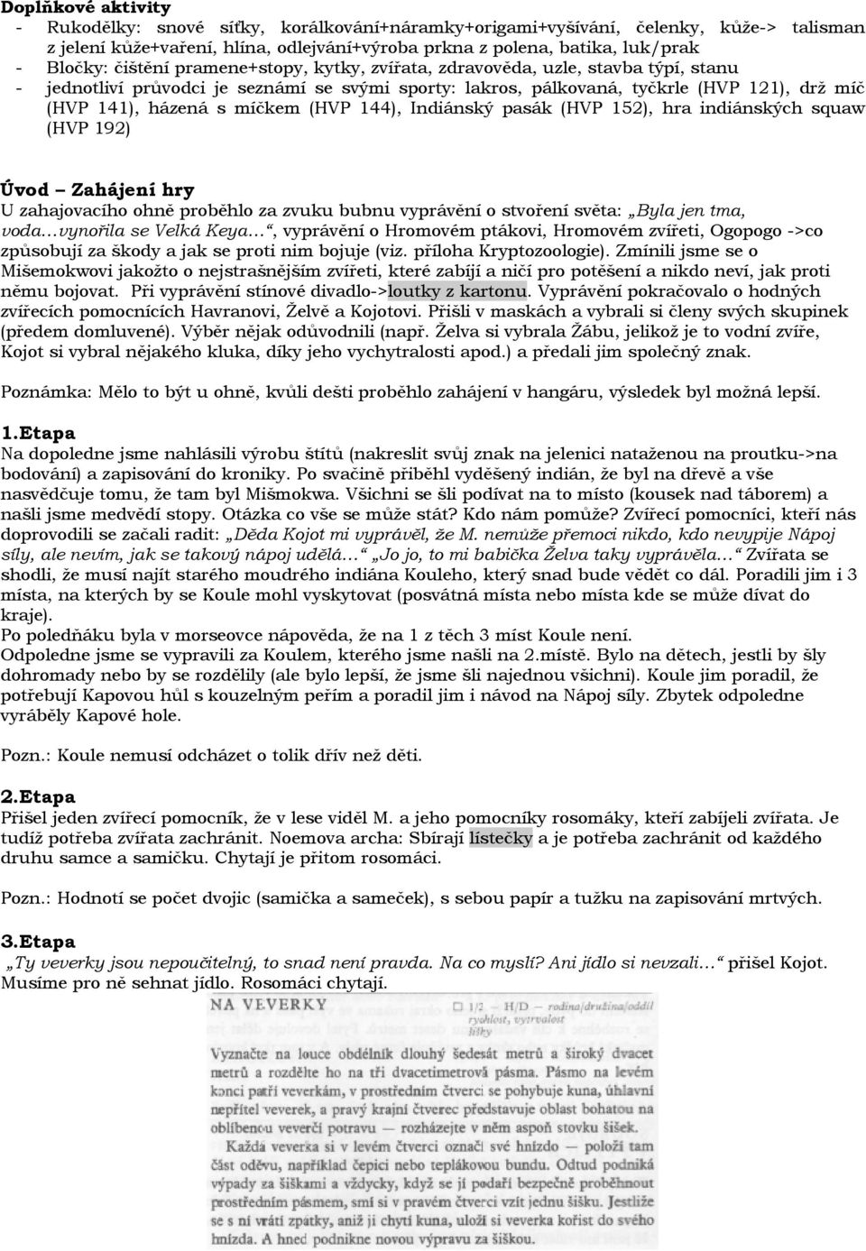 (HVP 144), Indiánský pasák (HVP 152), hra indiánských squaw (HVP 192) Úvod Zahájení hry U zahajovacího ohně proběhlo za zvuku bubnu vyprávění o stvoření světa: Byla jen tma, voda vynořila se Velká