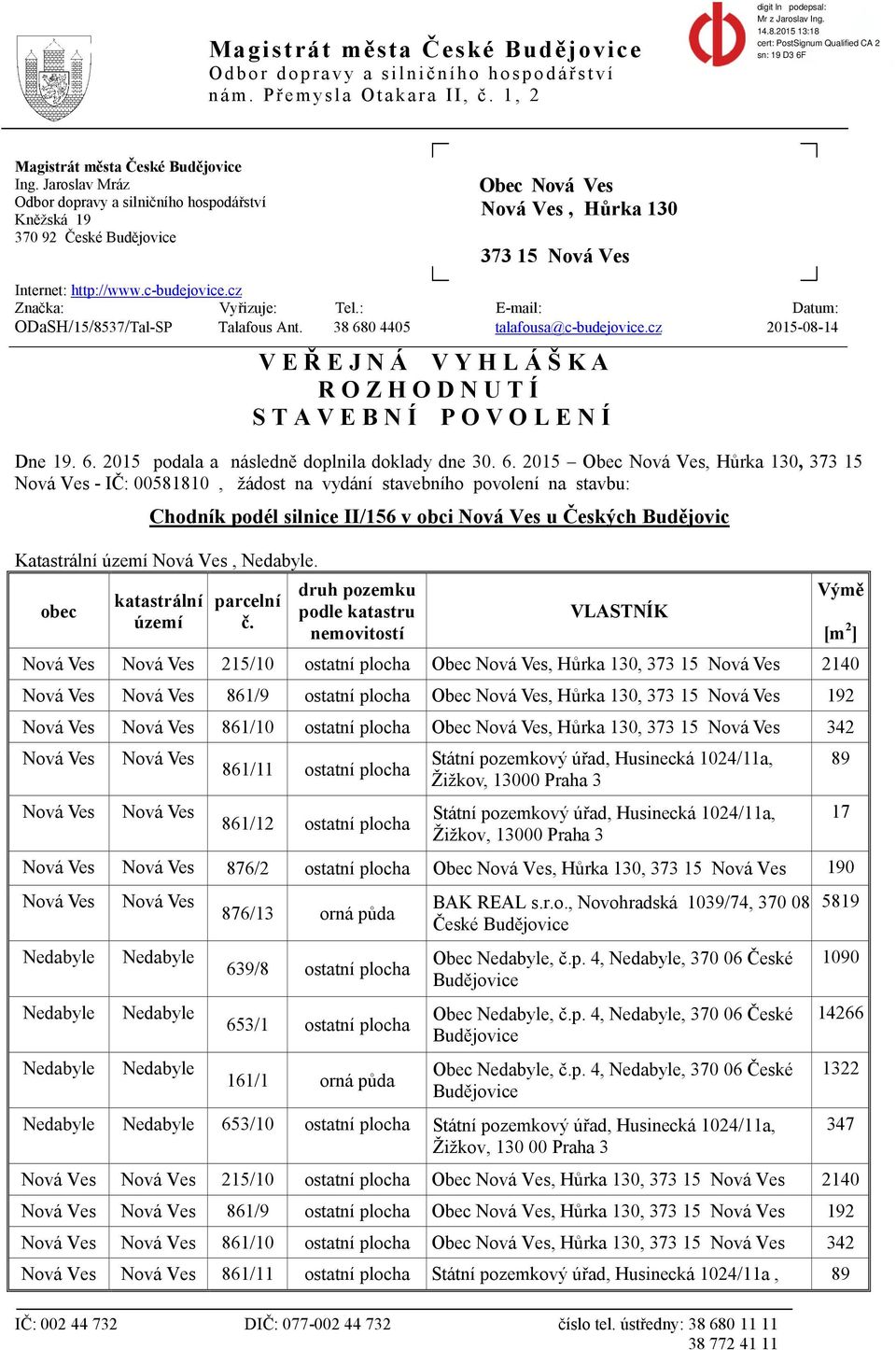 : E-mail: Datum: ODaSH/15/8537/Tal-SP Talafous Ant. 38 680 4405 talafousa@c-budejovice.cz 2015-08-14 V E Ř E J N Á V Y H L Á Š K A R O Z H O D N U T Í S T A V E B N Í P O V O L E N Í Dne 19. 6. 2015 podala a následně doplnila doklady dne 30.