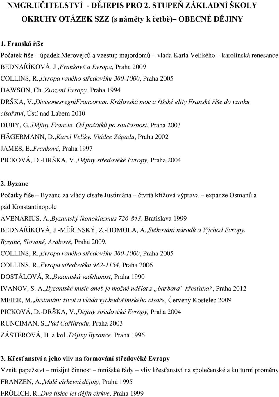 ,Evropa raného středověku 300-1000, Praha 2005 DAWSON, Ch.,Zrození Evropy, Praha 1994 DRŠKA, V.,DivisonesregniFrancorum.