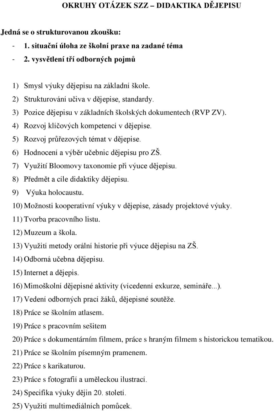 4) Rozvoj klíčových kompetencí v dějepise. 5) Rozvoj průřezových témat v dějepise. 6) Hodnocení a výběr učebnic dějepisu pro ZŠ. 7) Využití Bloomovy taxonomie při výuce dějepisu.