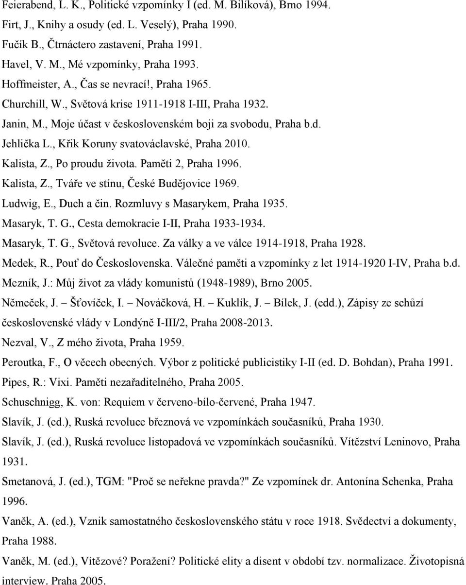 , Křik Koruny svatováclavské, Praha 2010. Kalista, Z., Po proudu života. Paměti 2, Praha 1996. Kalista, Z., Tváře ve stínu, České Budějovice 1969. Ludwig, E., Duch a čin.