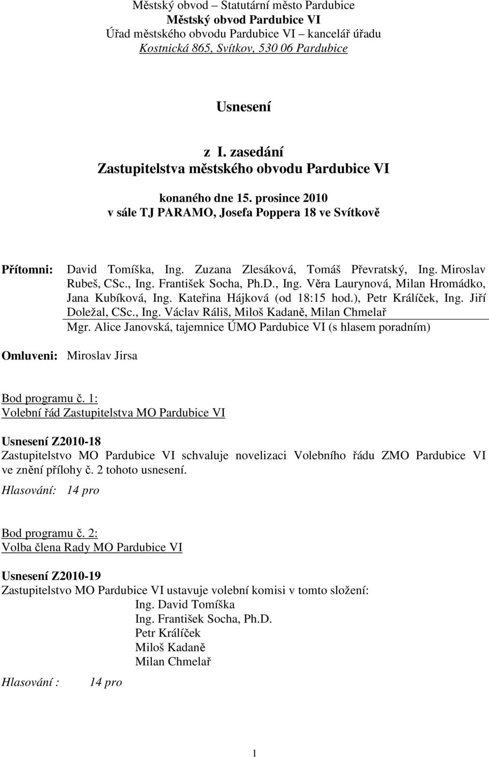 Zuzana Zlesáková, Tomáš Převratský, Ing. Miroslav Rubeš, CSc., Ing. František Socha, Ph.D., Ing. Věra Laurynová, Milan Hromádko, Jana Kubíková, Ing. Kateřina Hájková (od 18:15 hod.