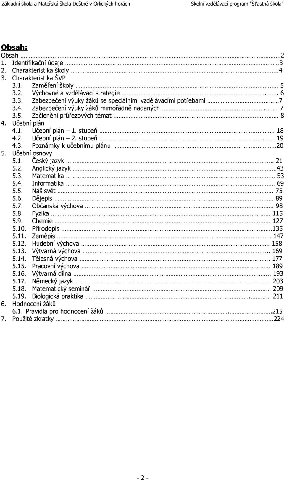 . 20 5. Učební osnovy 5.1. Český jazyk.. 21 5.2. Anglický jazyk 43 5.3. Matematika 53 5.4. Informatika 69 5.5. Náš svět. 75 5.6. Dějepis 89 5.7. Občanská výchova 98 5.8. Fyzika 115 5.9. Chemie. 127 5.