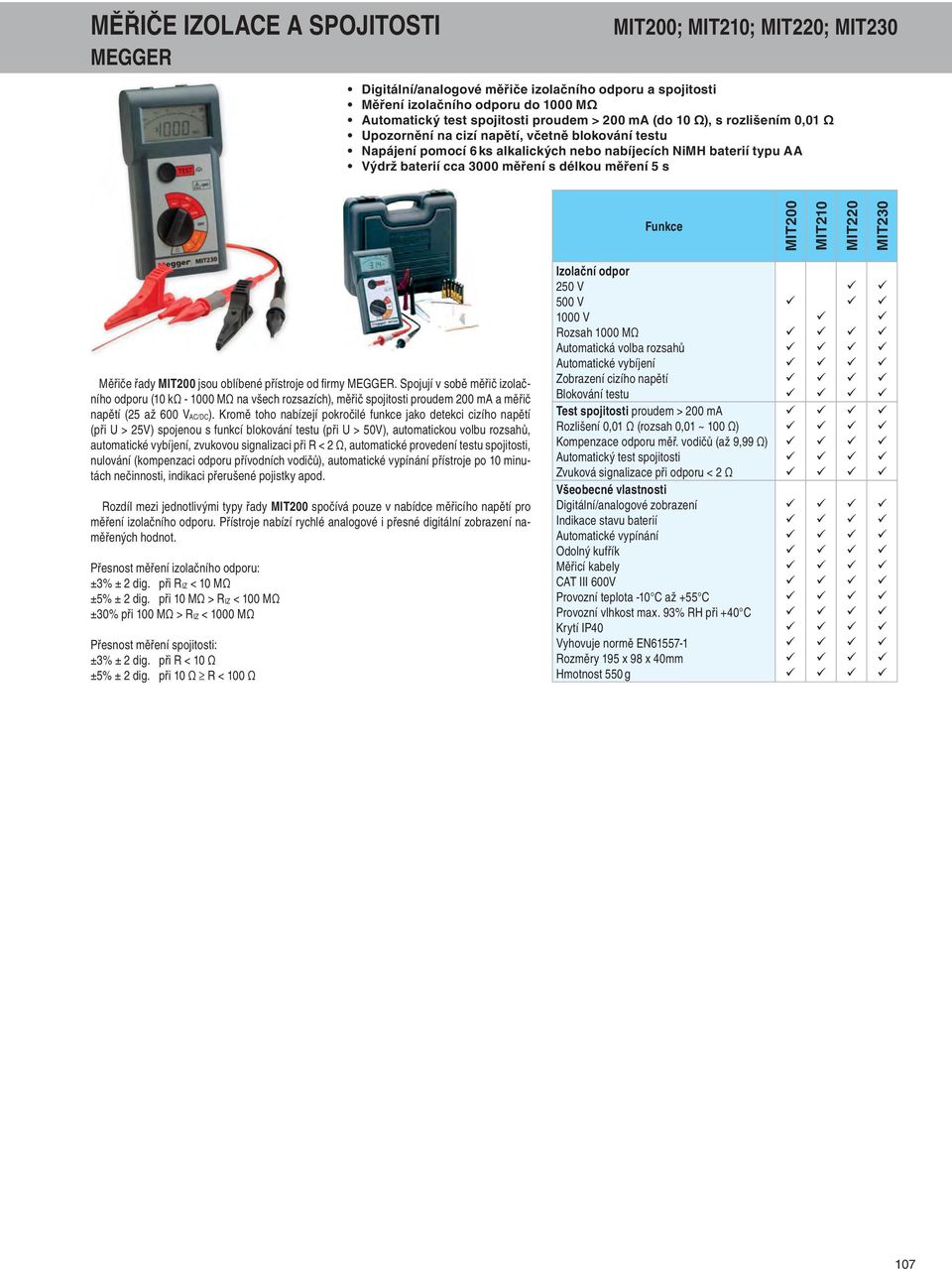 Funkce MIT200 MIT210 MIT220 MIT230 Měřiče řady MIT200 jsou oblíbené přístroje od fi rmy MEGGER.
