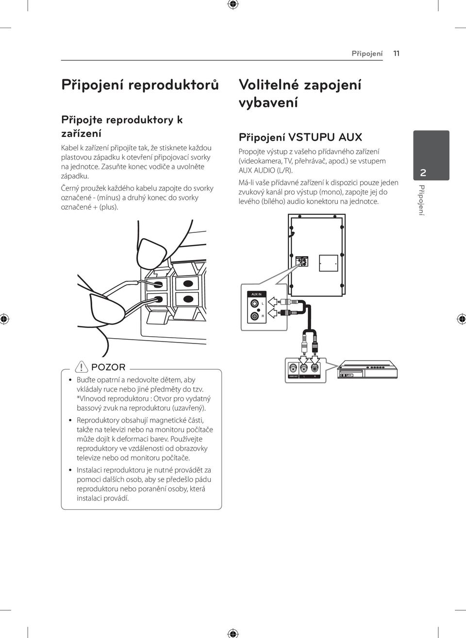 Volitelné zapojení vybavení Připojení VSTUPU AUX Propojte výstup z vašeho přídavného zařízení (videokamera, TV, přehrávač, apod.) se vstupem AUX AUDIO (L/R).