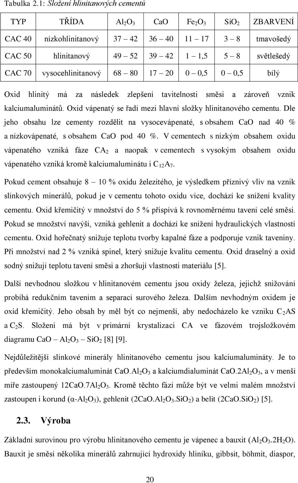 vysocehlinitanový 68 80 17 20 0 0,5 0 0,5 bílý Oxid hlinitý má za následek zlepšení tavitelnosti směsi a zároveň vznik kalciumaluminátů. Oxid vápenatý se řadí mezi hlavní sloţky hlinitanového cementu.