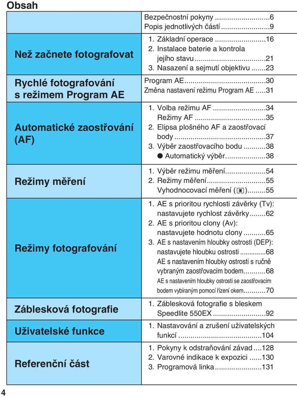 ..30 Zmûna nastavení reïimu Program AE...3. Volba reïimu AF...34 ReÏimy AF...35 2. Elipsa plo ného AF a zaostfiovací body...37 3. V bûr zaostfiovacího bodu...38 Automatick v bûr...38. V bûr reïimu mûfiení.