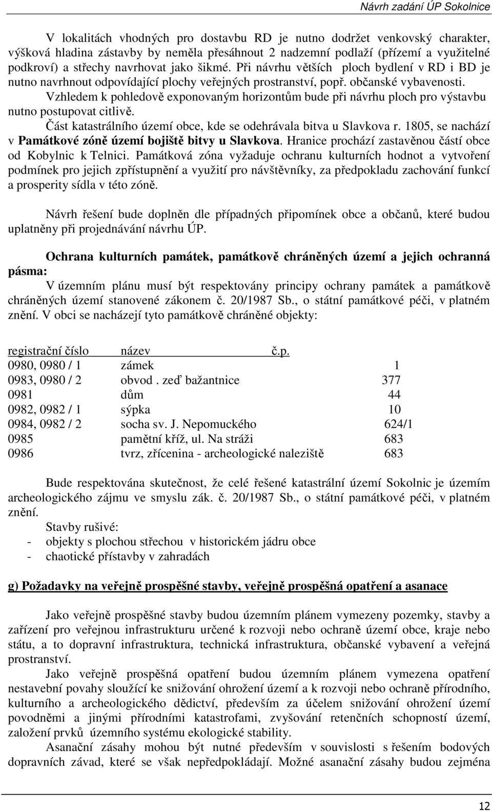 Vzhledem k pohledově exponovaným horizontům bude při návrhu ploch pro výstavbu nutno postupovat citlivě. Část katastrálního území obce, kde se odehrávala bitva u Slavkova r.