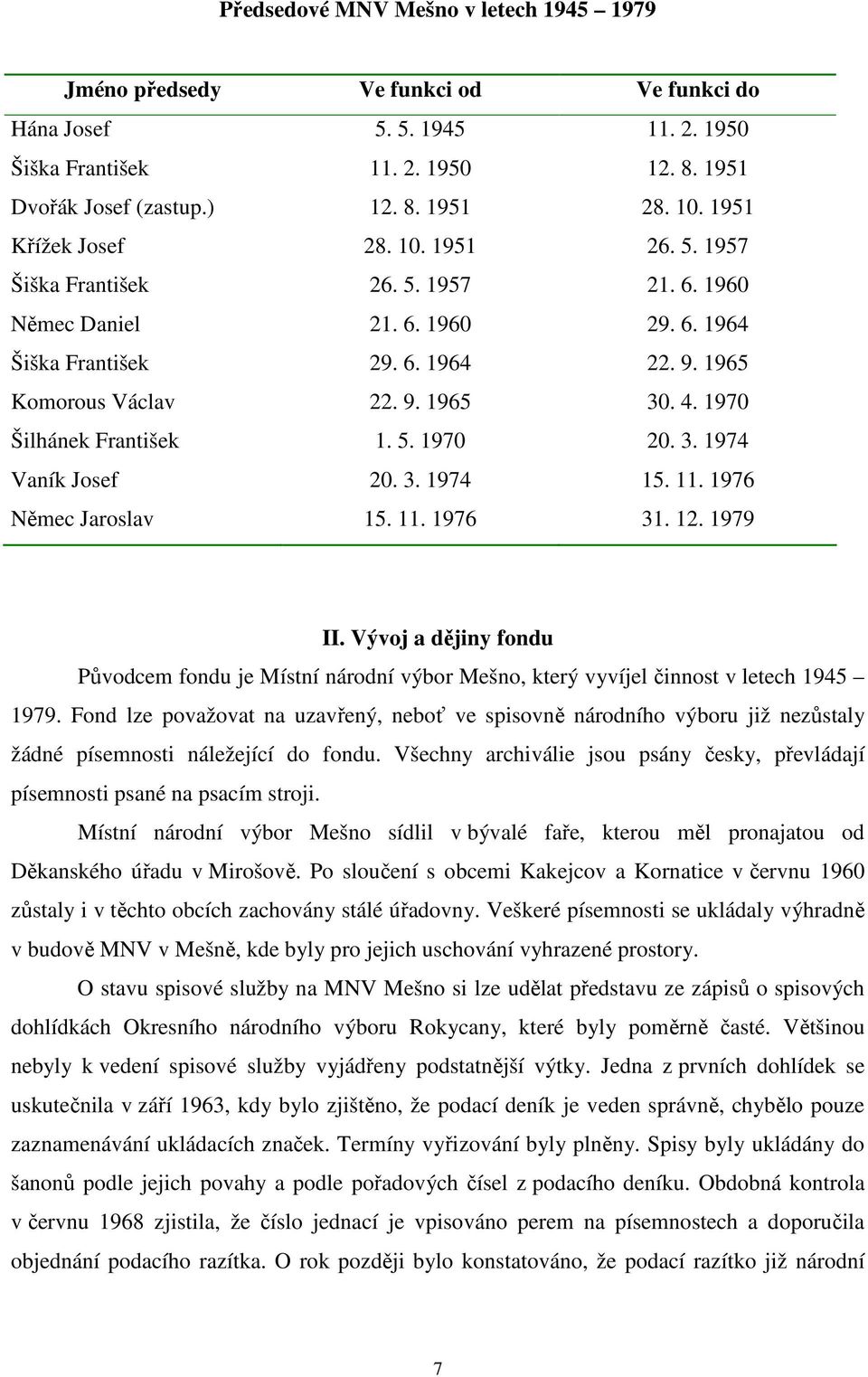 1970 Šilhánek František 1. 5. 1970 20. 3. 1974 Vaník Josef 20. 3. 1974 15. 11. 1976 Němec Jaroslav 15. 11. 1976 31. 12. 1979 II.