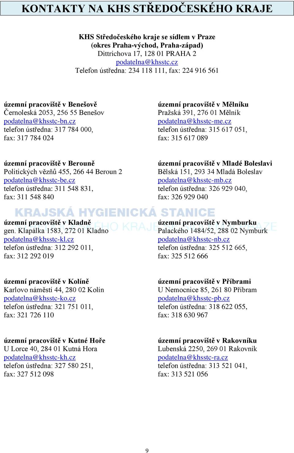 cz telefon ústředna: 317 784 000, fax: 317 784 024 územní pracoviště v Mělníku Pražská 391, 276 01 Mělník podatelna@khsstc-me.