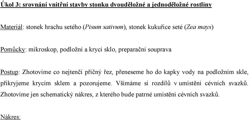 Zhotovíme co nejtenčí příčný řez, přeneseme ho do kapky vody na podložním skle, přikryjeme krycím sklem a pozorujeme.