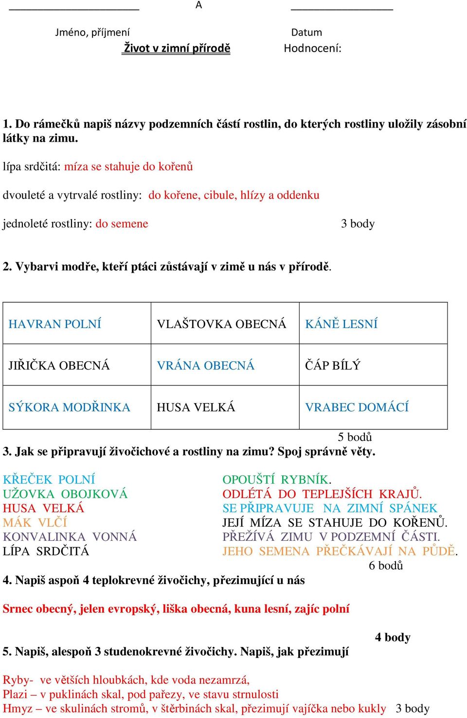 Vybarvi modře, kteří ptáci zůstávají v zimě u nás v přírodě. HAVRAN POLNÍ VLAŠTOVKA OBECNÁ KÁNĚ LESNÍ JIŘIČKA OBECNÁ VRÁNA OBECNÁ ČÁP BÍLÝ SÝKORA MODŘINKA HUSA VELKÁ VRABEC DOMÁCÍ 5 bodů 3.