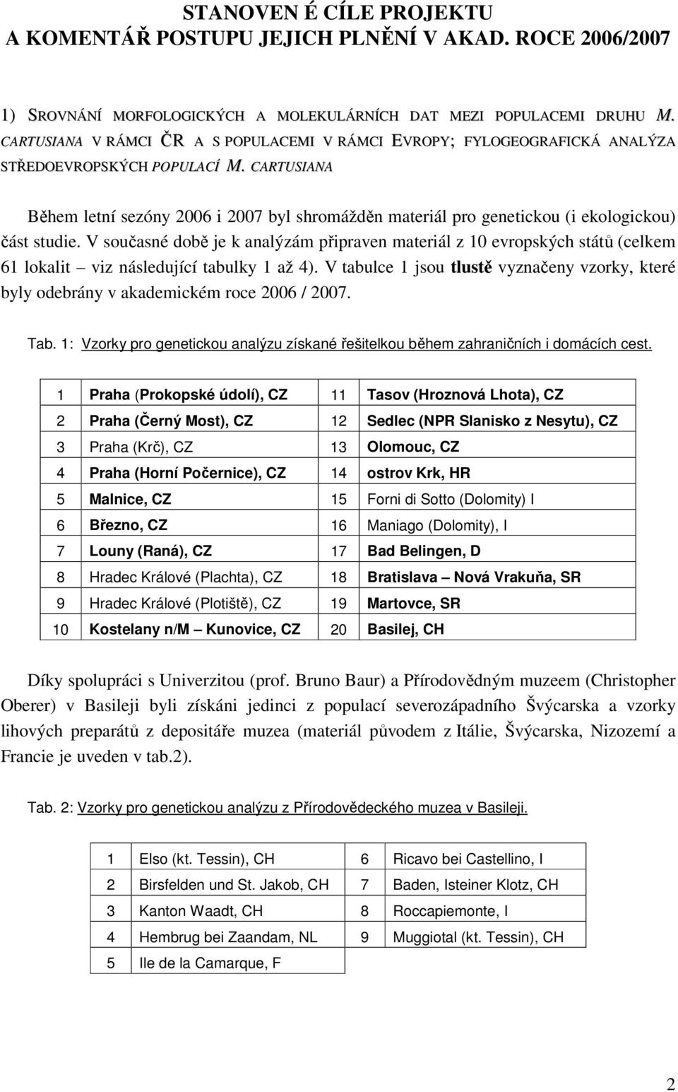 CARTUSIANA Během letní sezóny 2006 i 2007 byl shromážděn materiál pro genetickou (i ekologickou) část studie.