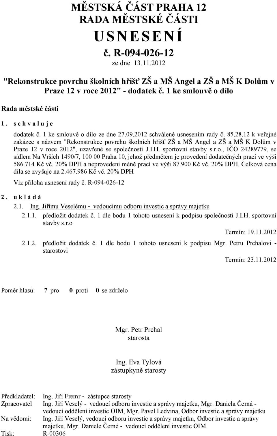 12 k veřejné zakázce s názvem "Rekonstrukce povrchu školních hřišť ZŠ a MŠ Angel a ZŠ a MŠ K Dolům v Praze 12 v roce 2012", uzavřené se společností J.I.H. sportovní stavby s.r.o., IČO 24289779, se sídlem Na Vrších 1490/7, 100 00 Praha 10, jehož předmětem je provedení dodatečných prací ve výši 586.