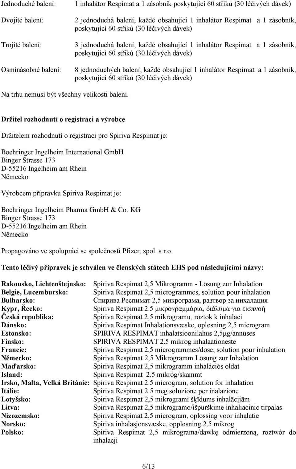 balení, každé obsahující 1 inhalátor Respimat a 1 zásobník, poskytující 60 střiků (30 léčivých dávek) Na trhu nemusí být všechny velikosti balení.