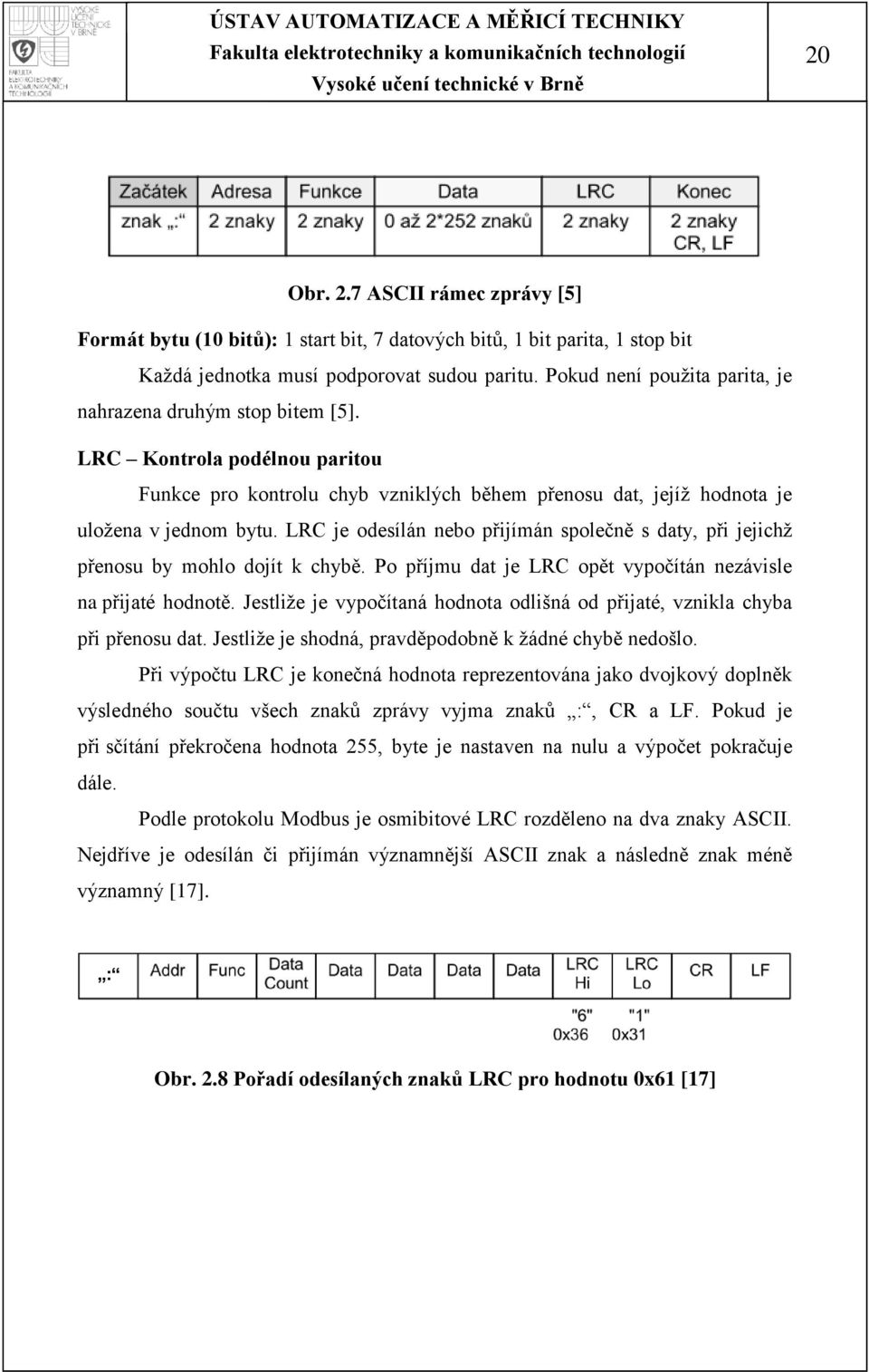 LRC je odesílán nebo přijímán společně s daty, při jejichţ přenosu by mohlo dojít k chybě. Po příjmu dat je LRC opět vypočítán nezávisle na přijaté hodnotě.
