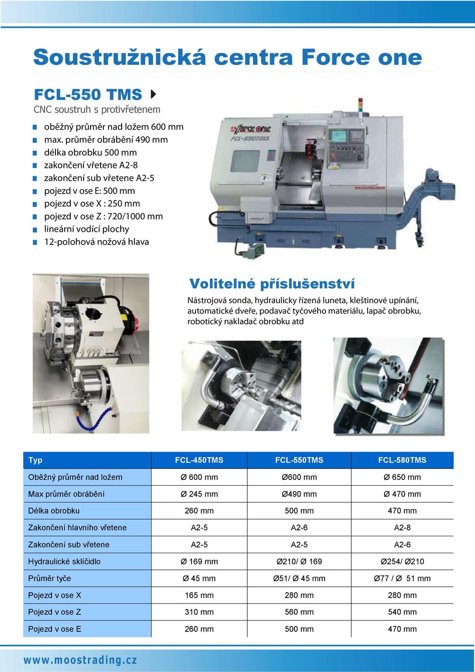 Nástrojová sonda, hydraulicky řízená luneta, kleštinové upínání, automatické dveře, podavač tyčového materiálu, lapač obrobku, robotický nakladač obrobku atd Typ FCL-450TMS FCL-550TMS FCL-580TMS