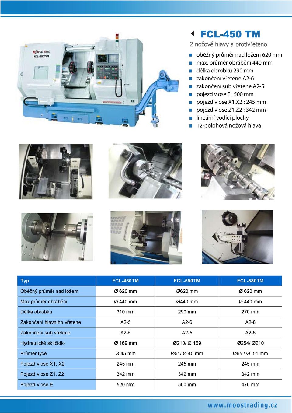 342 mm Typ FCL-450TM FCL-550TM FCL-580TM Oběžný průměr nad ložem Ø 620 mm Ø620 mm Ø 620 mm Max průměr obrábění Ø 440 mm Ø440 mm Ø 440 mm Délka obrobku 310 mm 290 mm