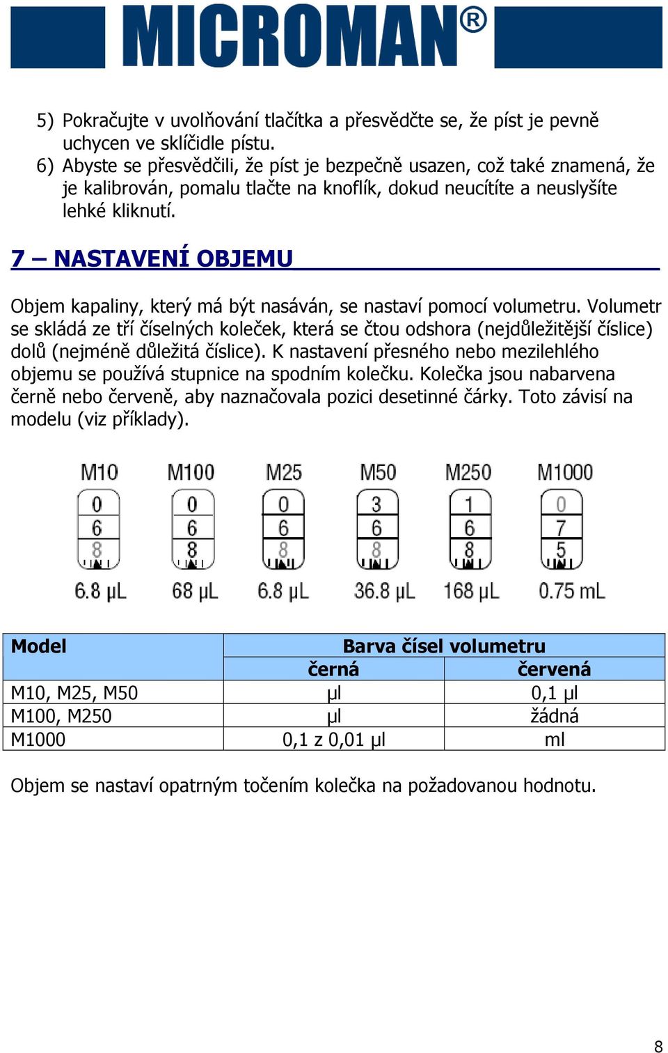 7 NASTAVENÍ OBJEMU Objem kapaliny, který má být nasáván, se nastaví pomocí volumetru.