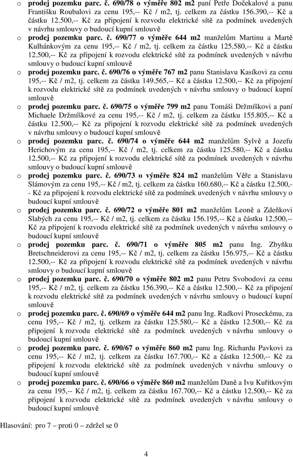 690/77 o výměře 644 m2 manželům Martinu a Martě Kulhánkovým za cenu 195,-- Kč / m2, tj. celkem za částku 125.580,-- Kč a částku 12.