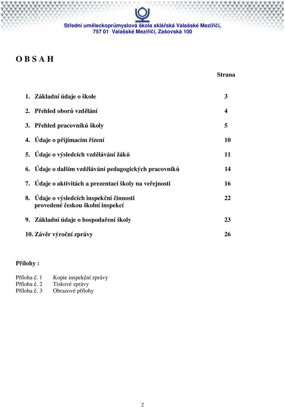 Údaje o aktivitách a prezentaci školy na veřejnosti 6 8. Údaje o výsledcích inspekční činnosti 22 provedené českou školní inspekcí 9.