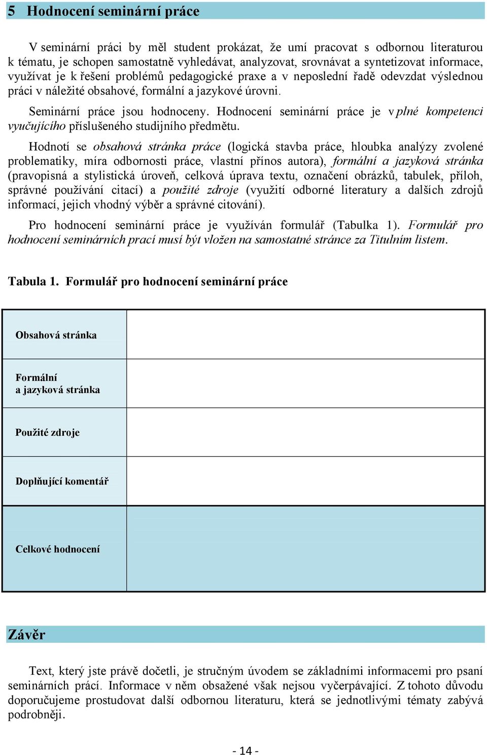 Hodnocení seminární práce je v plné kompetenci vyučujícího příslušeného studijního předmětu.