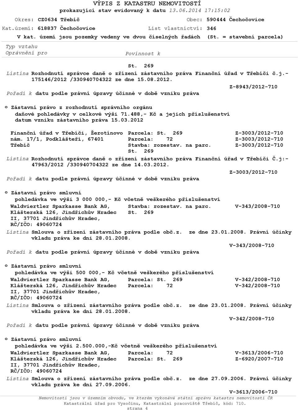 /330940704322 ze dne 15.08.2012. Z-8943/2012-710 Přadí k datu pdle právní úpravy účinné v dbě vzniku práva Zástavní práv z rzhdnutí správníh rgánu daňvé phledávky v celkvé výši 71.