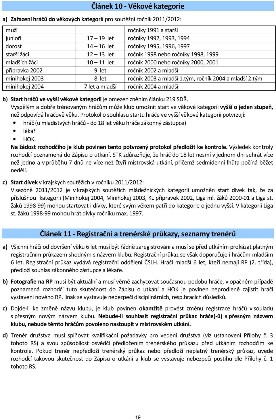 ročník 2003 a mladší 1.tým, ročník 2004 a mladší 2.tým minihokej 2004 7 let a mladší ročník 2004 a mladší b) Start hráčů ve vyšší věkové kategorii je omezen zněním článku 219 SDŘ.