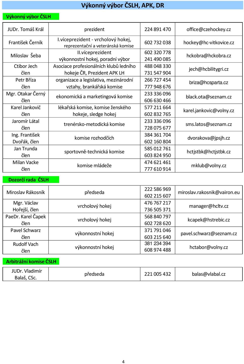 víceprezident výkonnostní hokej, poradní výbor Asociace profesionálních klubů ledního hokeje ČR, Prezident APK LH organizace a legislativa, mezinárodní vztahy, brankářská komise ekonomická a