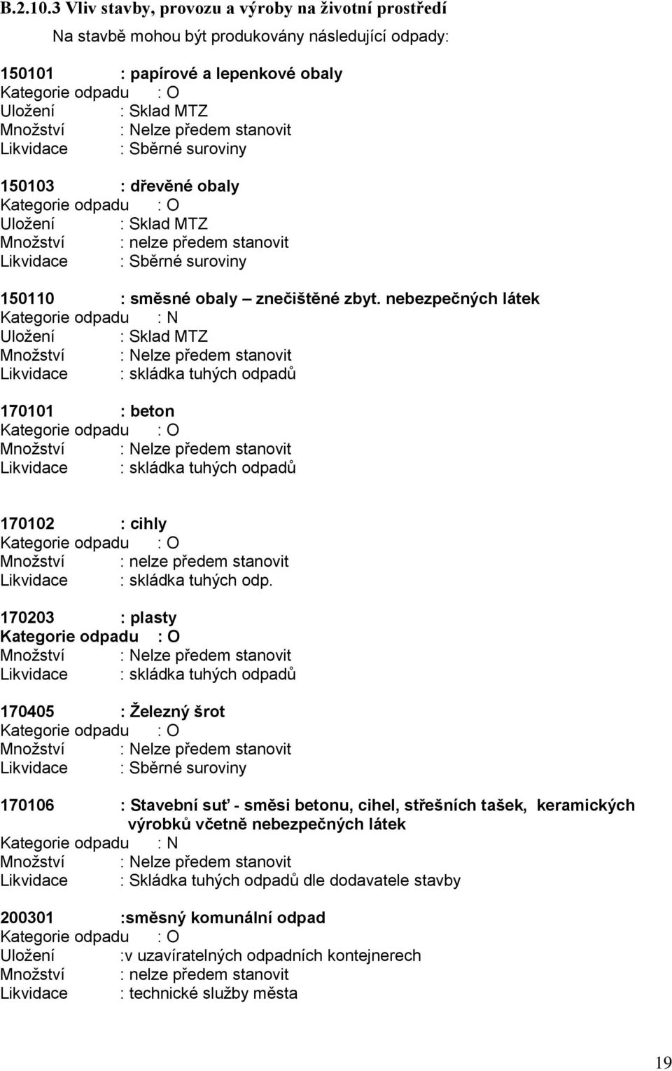 Likvidace : Sběrné suroviny 150103 : dřevěné obaly Uložení : Sklad MTZ Množství : nelze předem stanovit Likvidace : Sběrné suroviny 150110 : směsné obaly znečištěné zbyt.