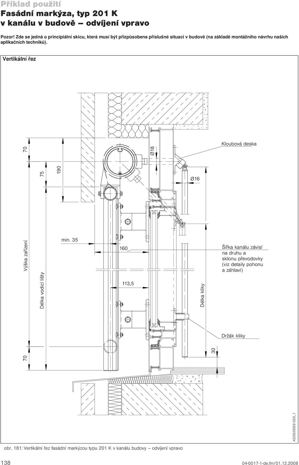 techniků). Vertikální řez 70 Ø18 Kloubová deska 75 190 Ø16 Výška zařízení KD05/0029 033_1 Délka vodicí lišty min.