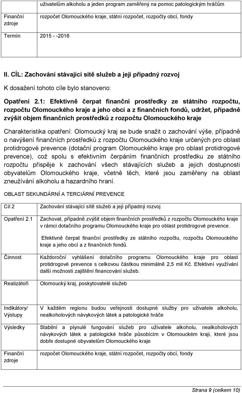 1: Efektivně čerpat finanční prostředky ze státního rozpočtu, rozpočtu Olomouckého kraje a jeho obcí a z finančních fondů, udržet, případně zvýšit objem finančních prostředků z rozpočtu Olomouckého