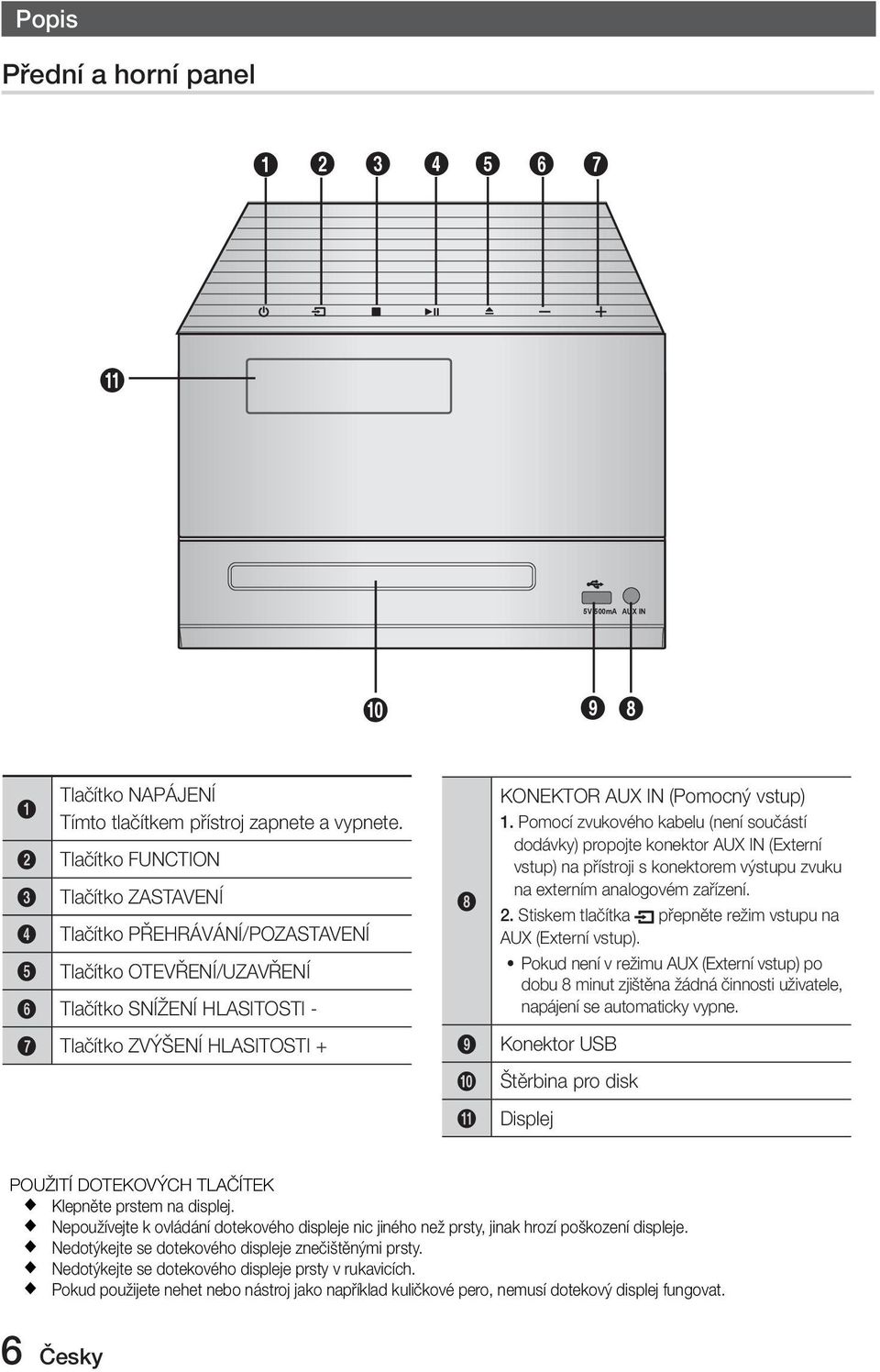 vstup) 1. Pomocí zvukového kabelu (není součástí dodávky) propojte konektor AUX IN (Externí vstup) na přístroji s konektorem výstupu zvuku na externím analogovém zařízení. 2.