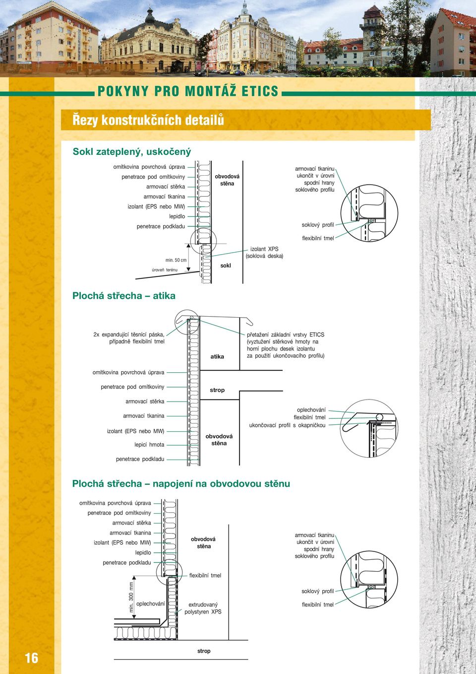 50 cm úroveň terénu sokl izolant XPS (soklová deska) Plochá střecha atika 2x expandující těsnící páska, případně flexibilní tmel atika přetažení základní vrstvy ETICS (vyztužení stěrkové hmoty na