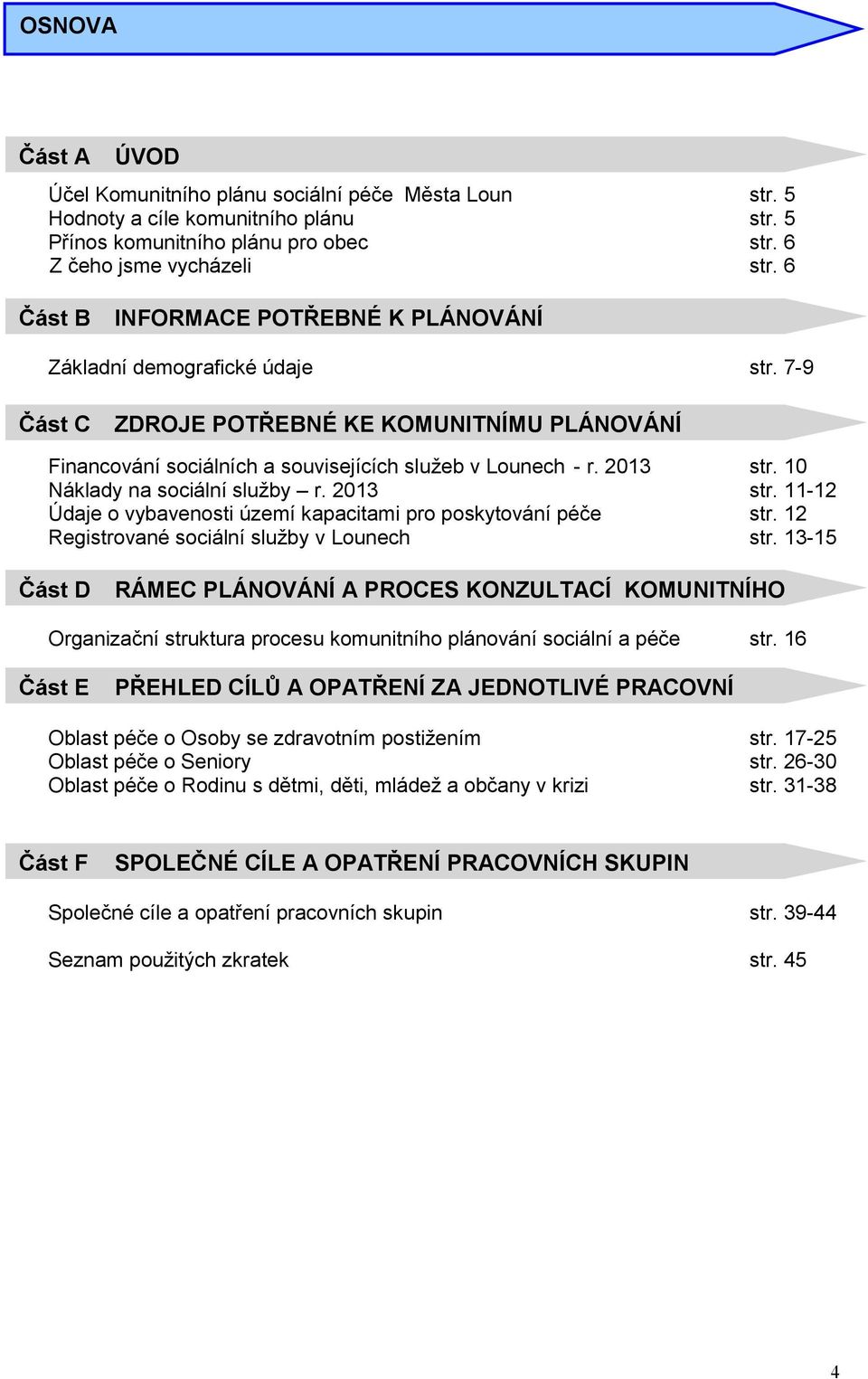 10 Náklady na sociální služby r. 2013 str. 11-12 Údaje o vybavenosti území kapacitami pro poskytování péče str. 12 Registrované sociální služby v Lounech str.