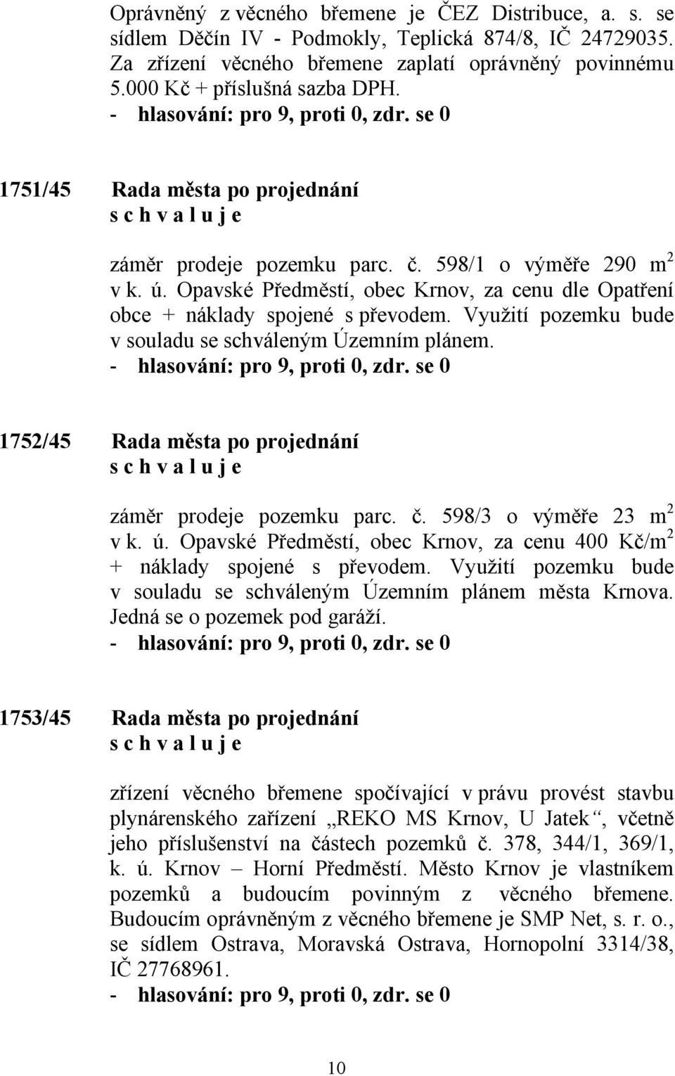 Využití pozemku bude v souladu se schváleným Územním plánem. 1752/45 Rada města po projednání záměr prodeje pozemku parc. č. 598/3 o výměře 23 m 2 v k. ú.