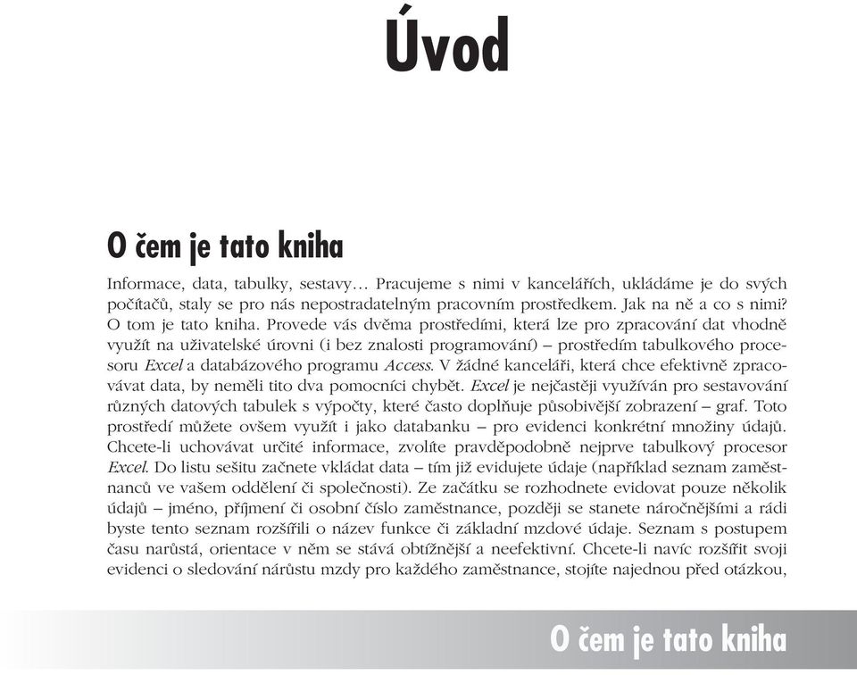 Provede vás dvěma prostředími, která lze pro zpracování dat vhodně využít na uživatelské úrovni (i bez znalosti programování) prostředím tabulkového procesoru Excel a databázového programu Access.