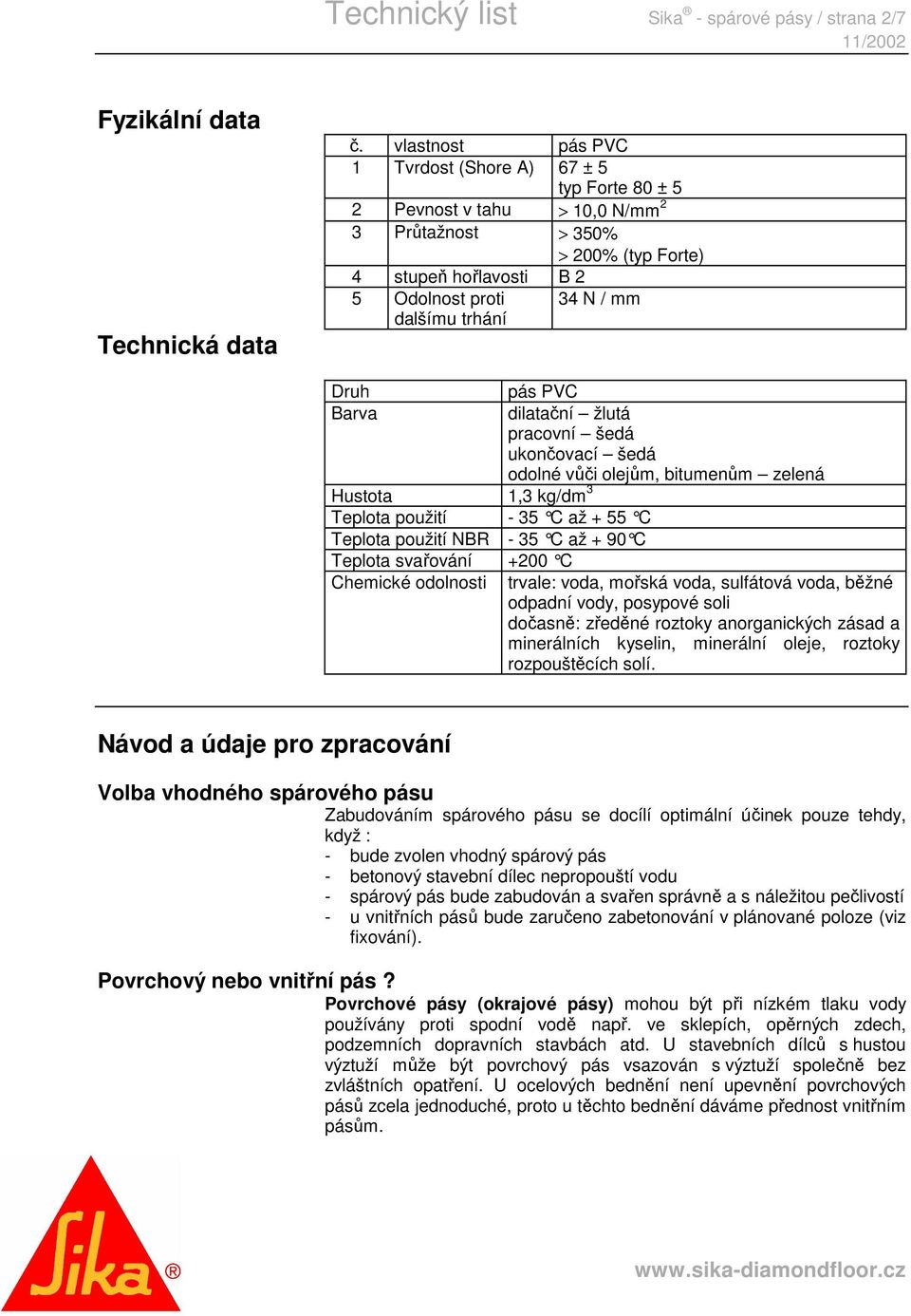 Druh Barva Hustota 1,3 kg/dm 3 Teplota použití - 35 C až + 55 C Teplota použití NBR - 35 C až + 90 C Teplota svařování +200 C Chemické odolnosti pás PVC dilatační žlutá pracovní šedá ukončovací šedá