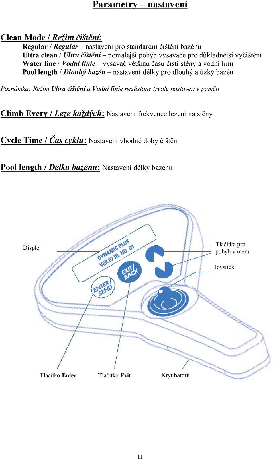 Poznámka: Režim Ultra čištění a Vodní linie nezůstane trvale nastaven v paměti Climb Every / Leze každých: Nastavení frekvence lezení na stěny Cycle Time / Čas