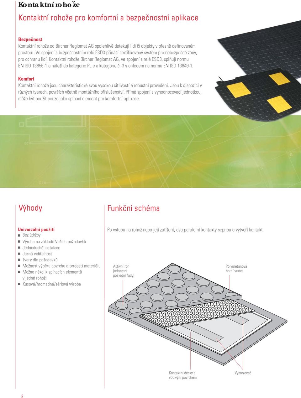 Kontaktní rohože Bircher Reglomat AG, ve spojení s relé ESD3, splňují normu EN ISO 13856-1 a náleží do kategorie PL e a kategorie č. 3 s ohledem na normu EN ISO 13849-1.