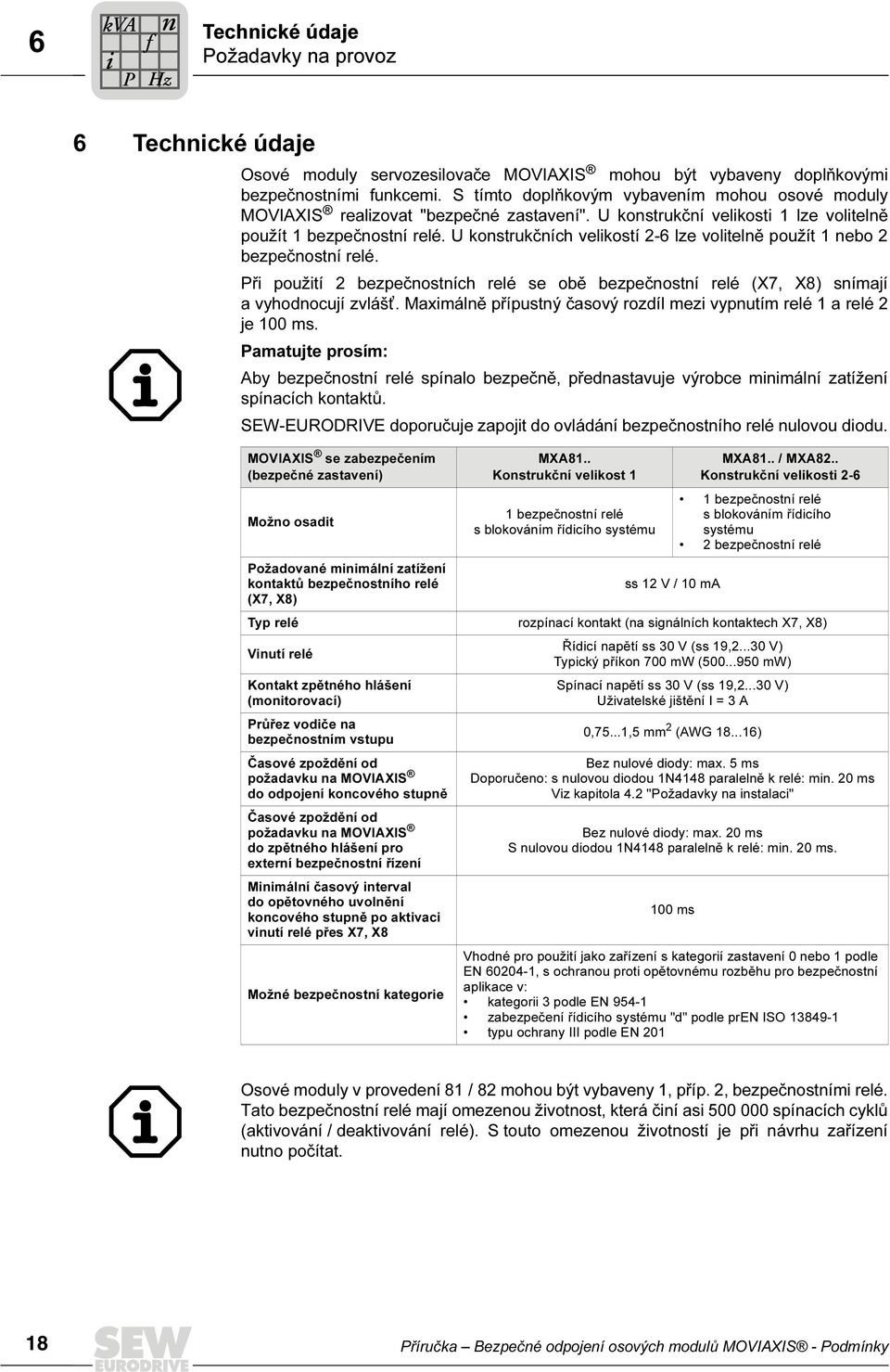 U konstrukčních velikostí -6 lze volitelně použít 1 nebo bezpečnostní relé. Při použití bezpečnostních relé se obě bezpečnostní relé (X7, X8) snímají a vyhodnocují zvlášt.