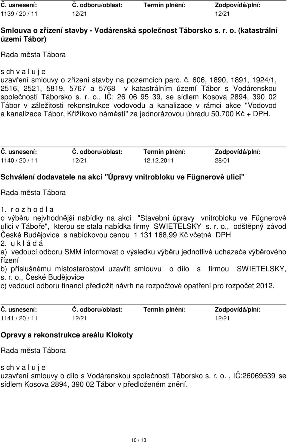 , IČ: 26 06 95 39, se sídlem Kosova 2894, 390 02 Tábor v záležitosti rekonstrukce vodovodu a kanalizace v rámci akce "Vodovod a kanalizace Tábor, Křižíkovo náměstí" za jednorázovou úhradu 50.