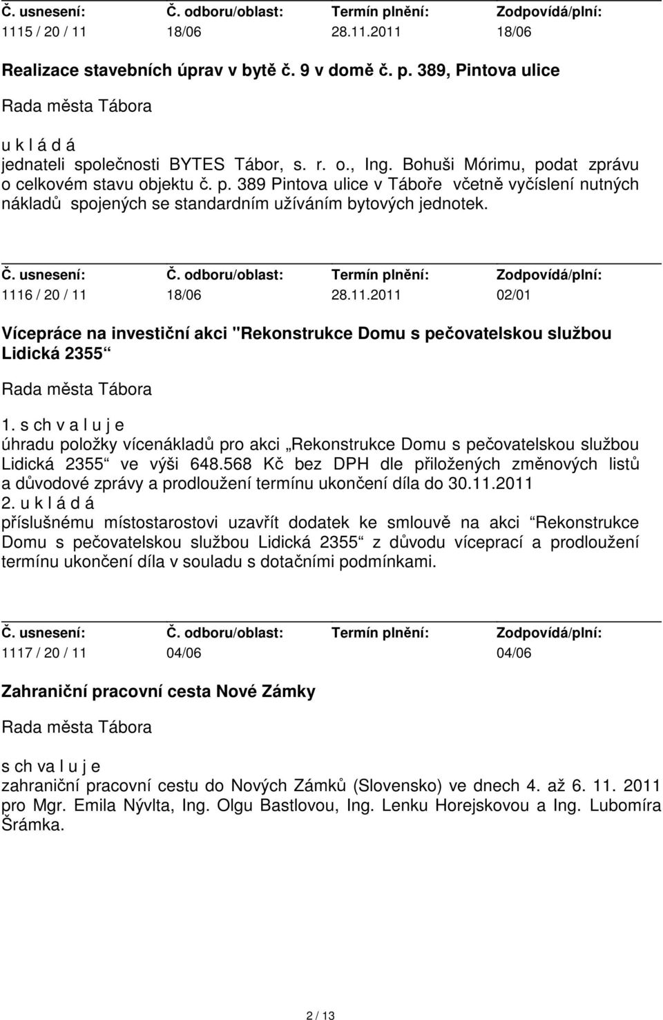 6 / 20 / 11 18/06 28.11.2011 02/01 Vícepráce na investiční akci "Rekonstrukce Domu s pečovatelskou službou Lidická 2355 1.