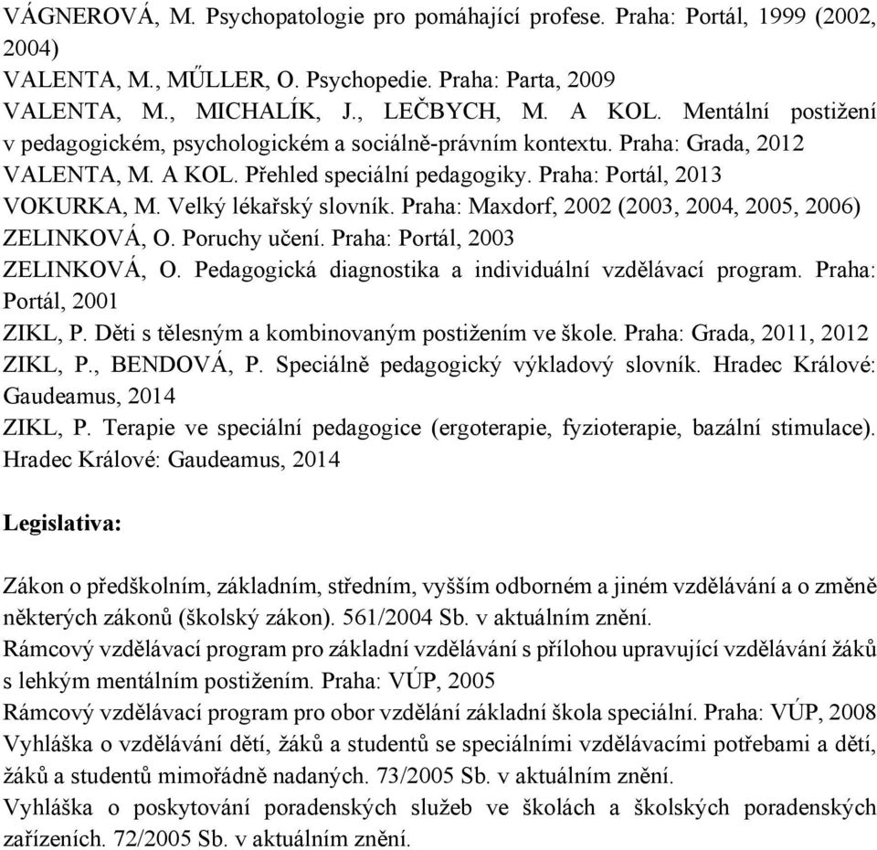 Velký lékařský slovník. Praha: Maxdorf, 2002 (2003, 2004, 2005, 2006) ZELINKOVÁ, O. Poruchy učení. Praha: Portál, 2003 ZELINKOVÁ, O. Pedagogická diagnostika a individuální vzdělávací program.