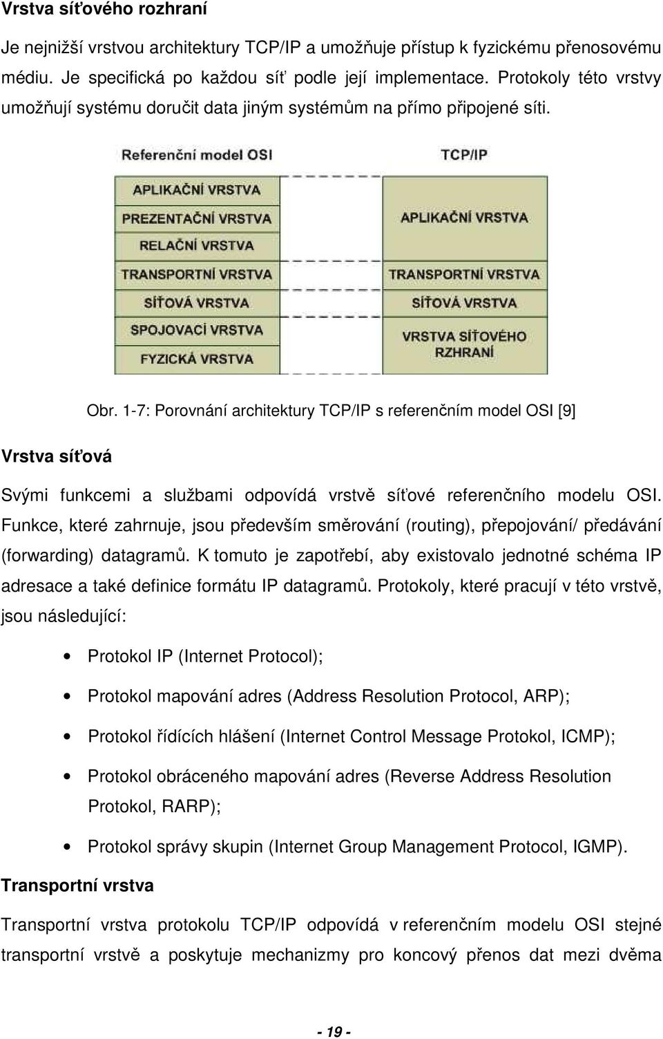 1-7: Porovnání architektury TCP/IP s referenčním model OSI [9] Vrstva síťová Svými funkcemi a službami odpovídá vrstvě síťové referenčního modelu OSI.