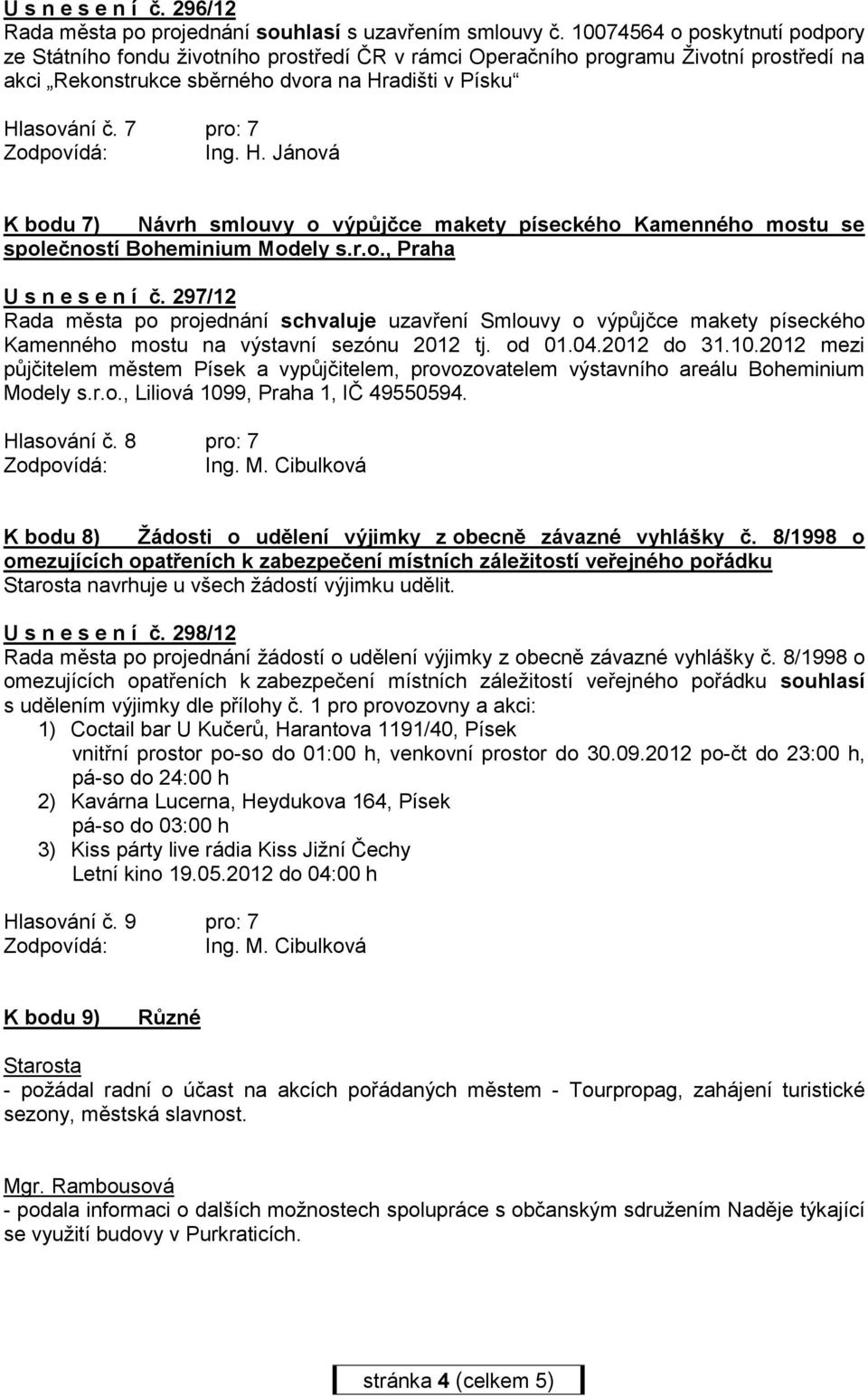 7 pro: 7 K bodu 7) Návrh smlouvy o výpůjčce makety píseckého Kamenného mostu se společností Boheminium Modely s.r.o., Praha U s n e s e n í č.