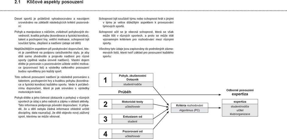 Pohyb a manipulace s náčiním, zvládnutí pohybových dovedností, kvalita pohybu (koordinace a fyzická kondice), talent a pochopení hry, vnitřní motivace, schopnost být součást týmu, zlepšení a nadšení